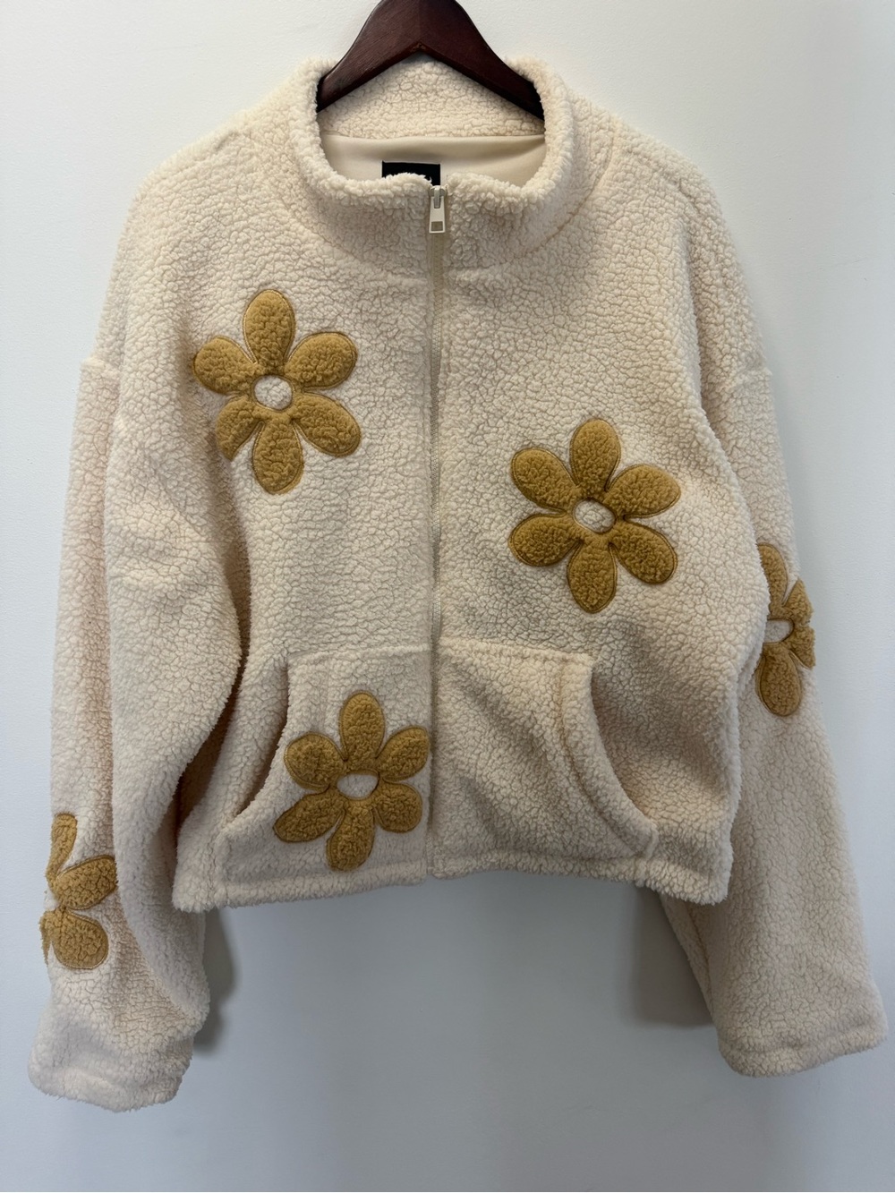 Cream Sherpa Zip Jacket with Mustard Daisy Appliqués